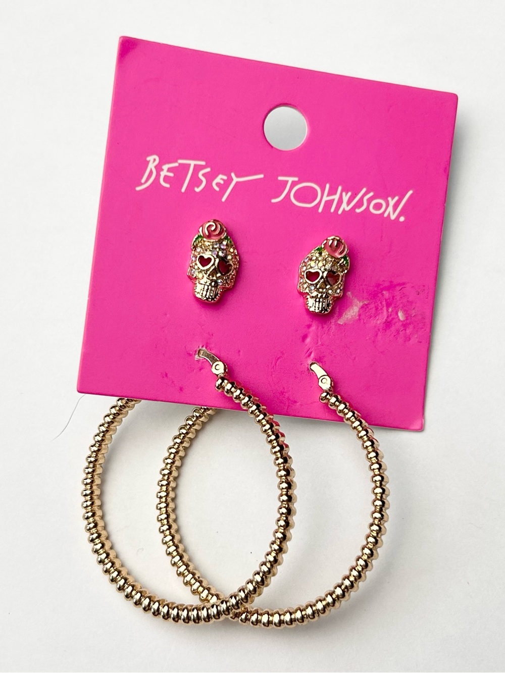 Betsey Johnson Gold-Tone Skull Stud & Hoop Earring Set - Pink Accents